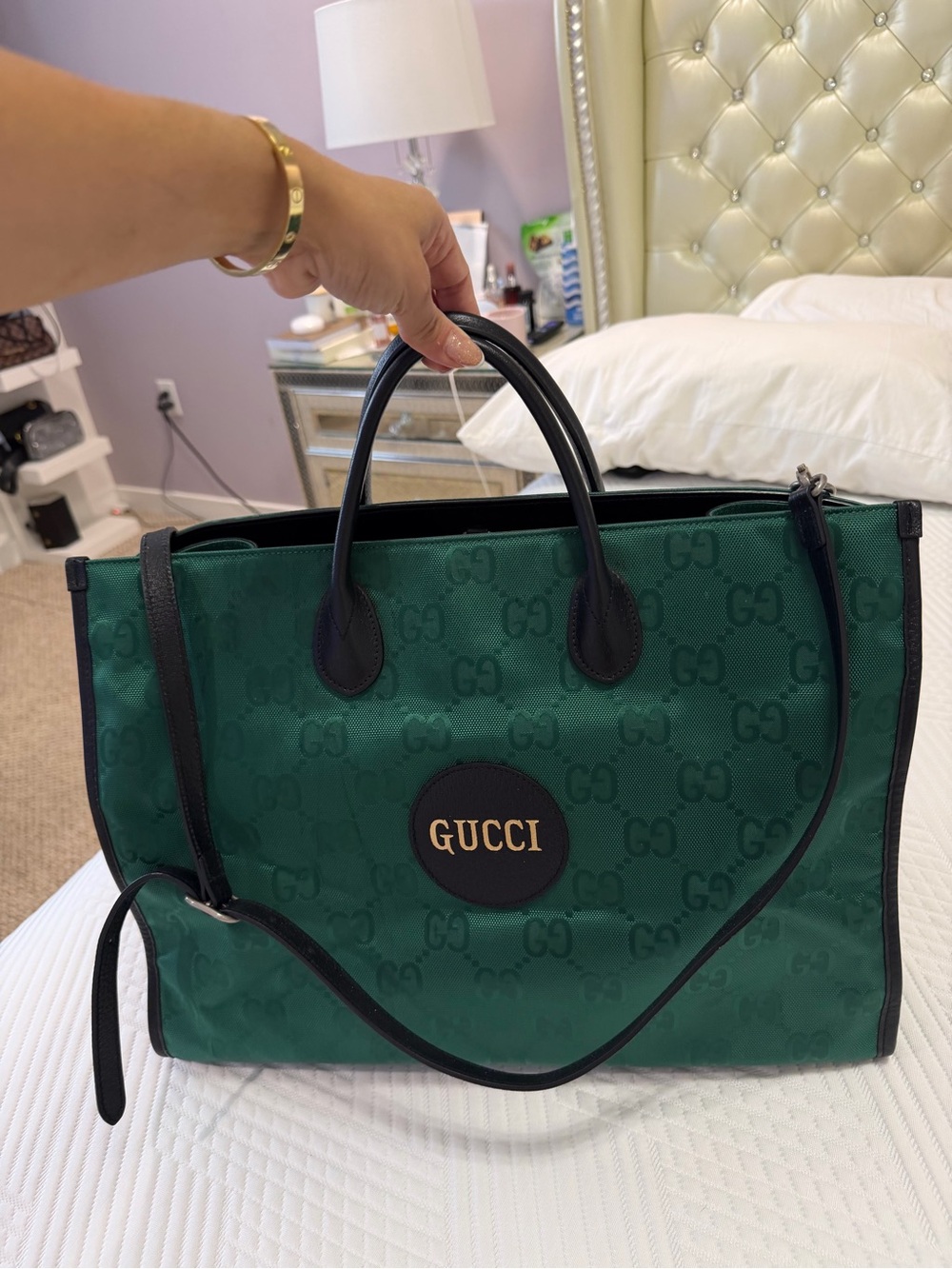 Gucci Green GG Canvas Tote with Black Trim and Gold Logo